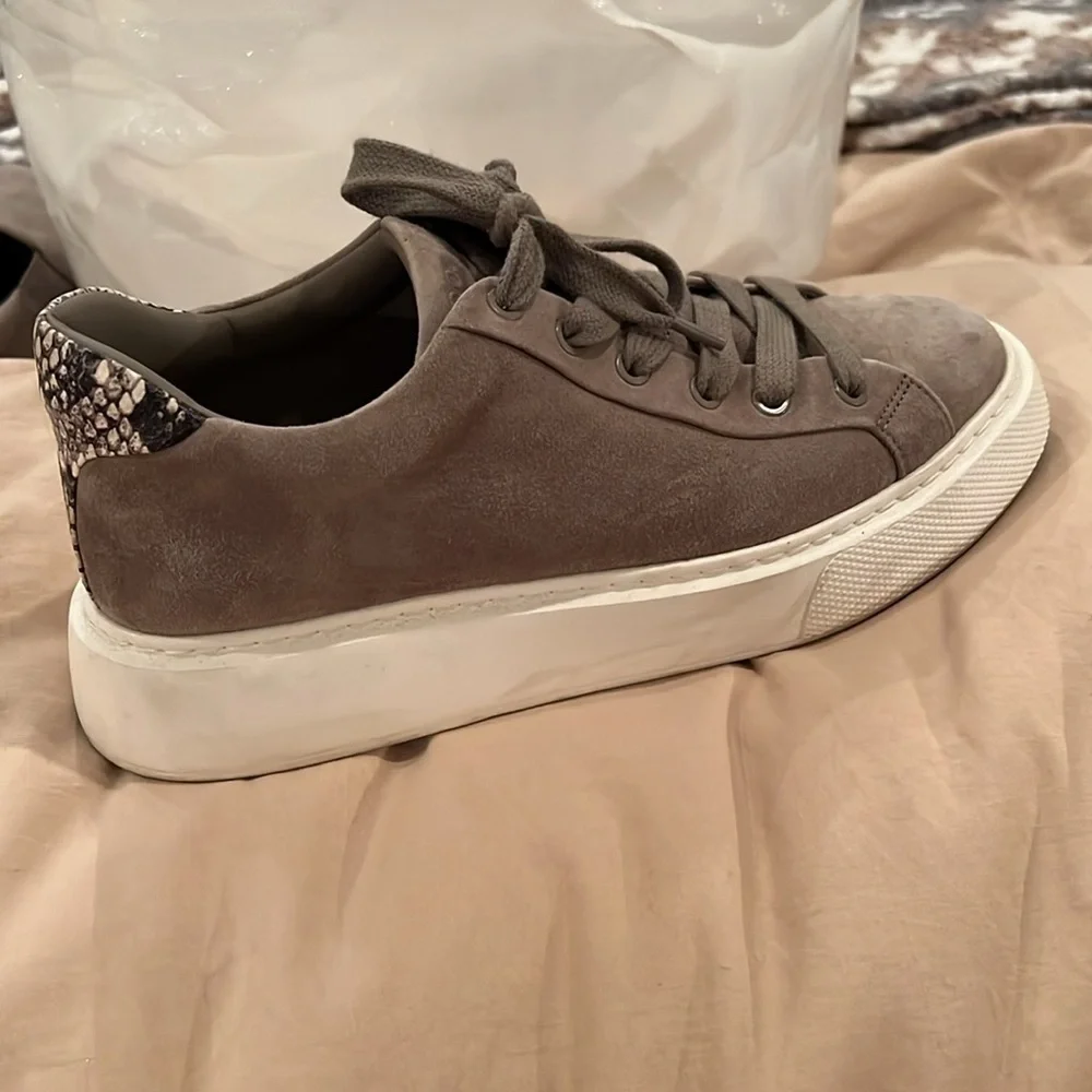 VINCE Gray Suede with Snake Print Heel Lace Up Platform Sneakers